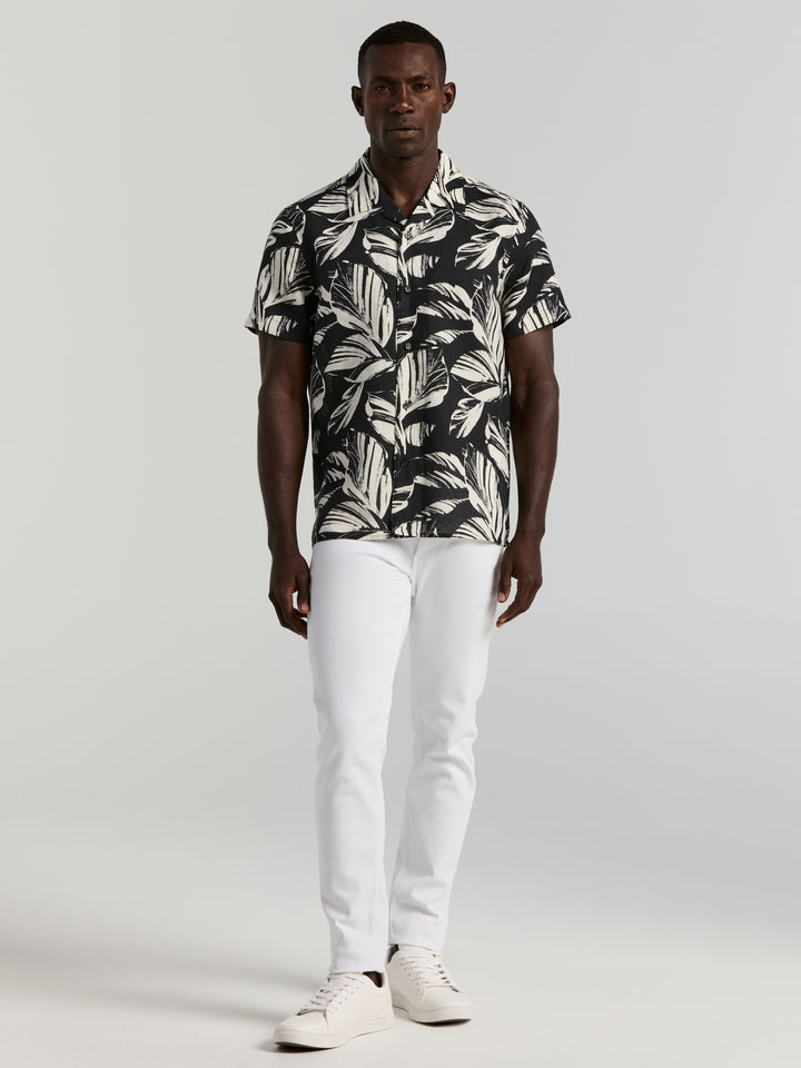 Leaf Print Camp Collar Shirt (Black) 