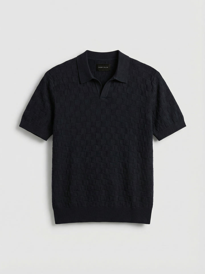 Checker Texture Open Polo Sweater (Dark Sapphire) 