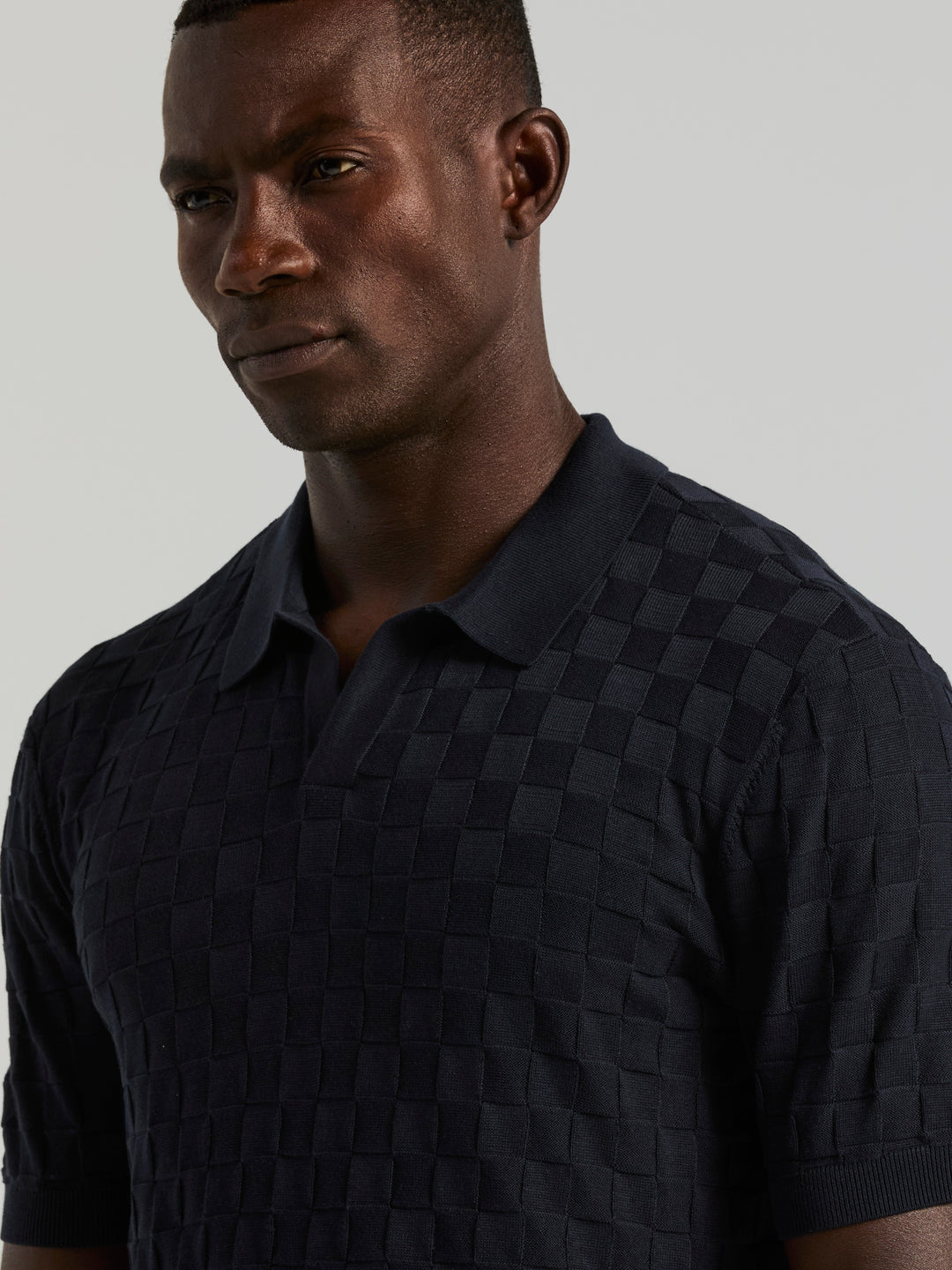 Checker Texture Open Polo Sweater (Dark Sapphire) 