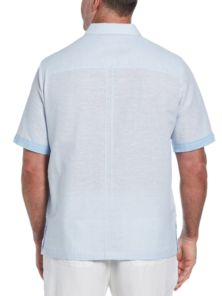 Big & Tall Linen Blend Cross Dye Guayabera Shirt (Cerulean) 