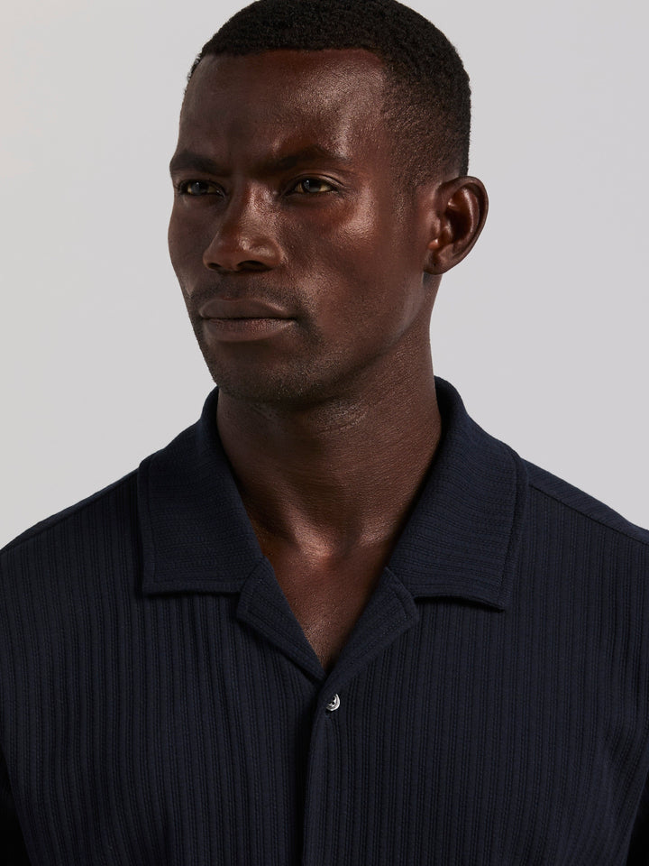 Cotton Vertical Stripe Jacquard Button Front Polo (Dark Sapphire) 
