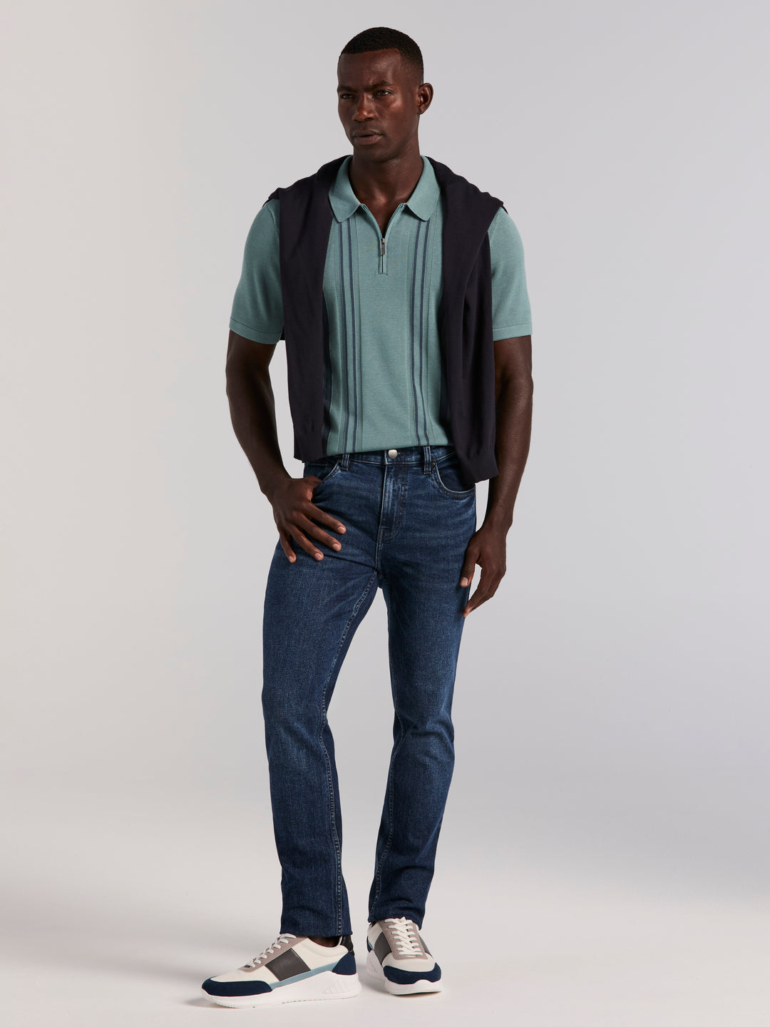 Cotton Modal Stripe Polo Sweater (Arctic) 