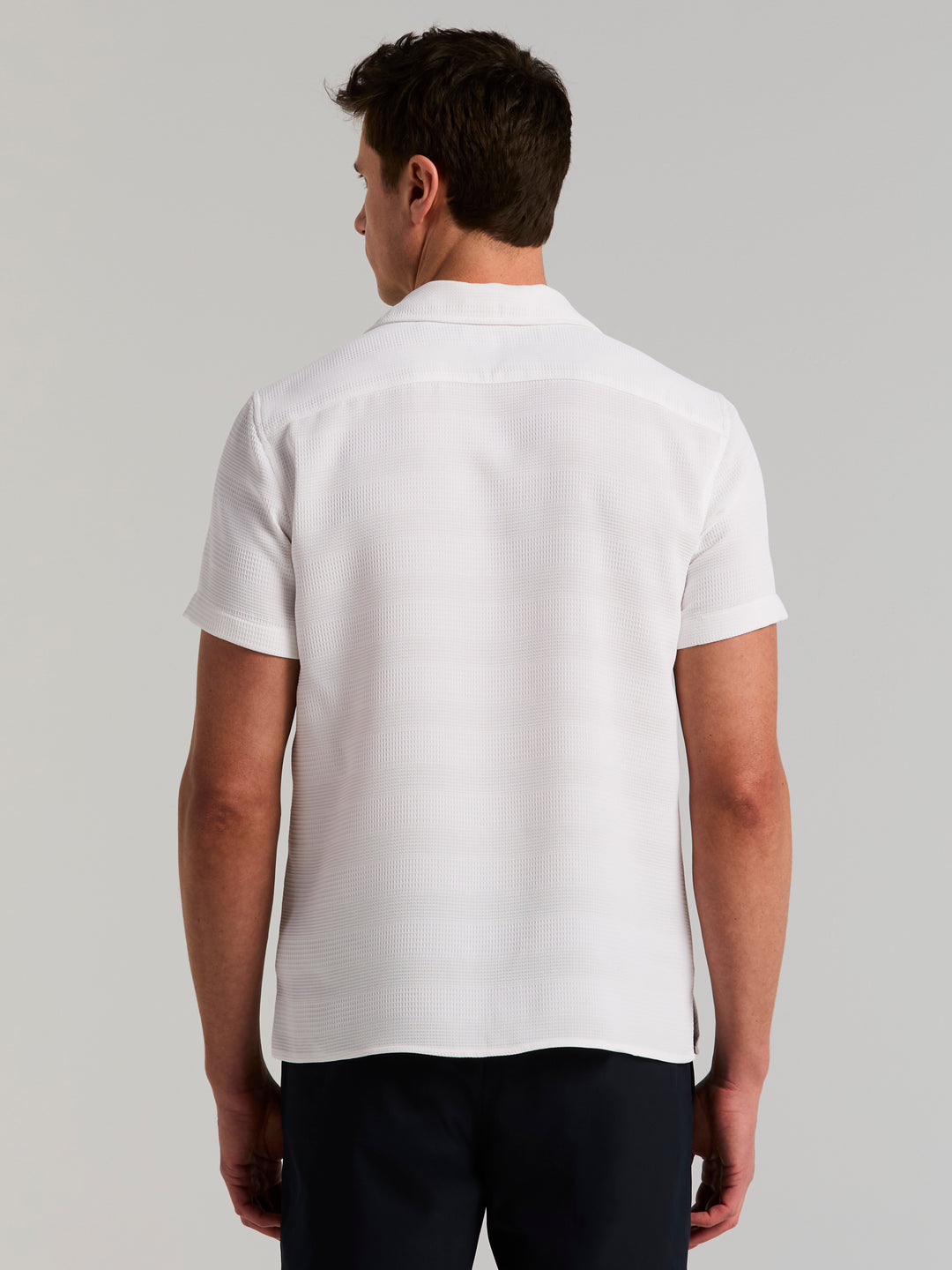 Men's Short Sleeve Dobby Stripe Camp Collar Shirt (Bright White) 