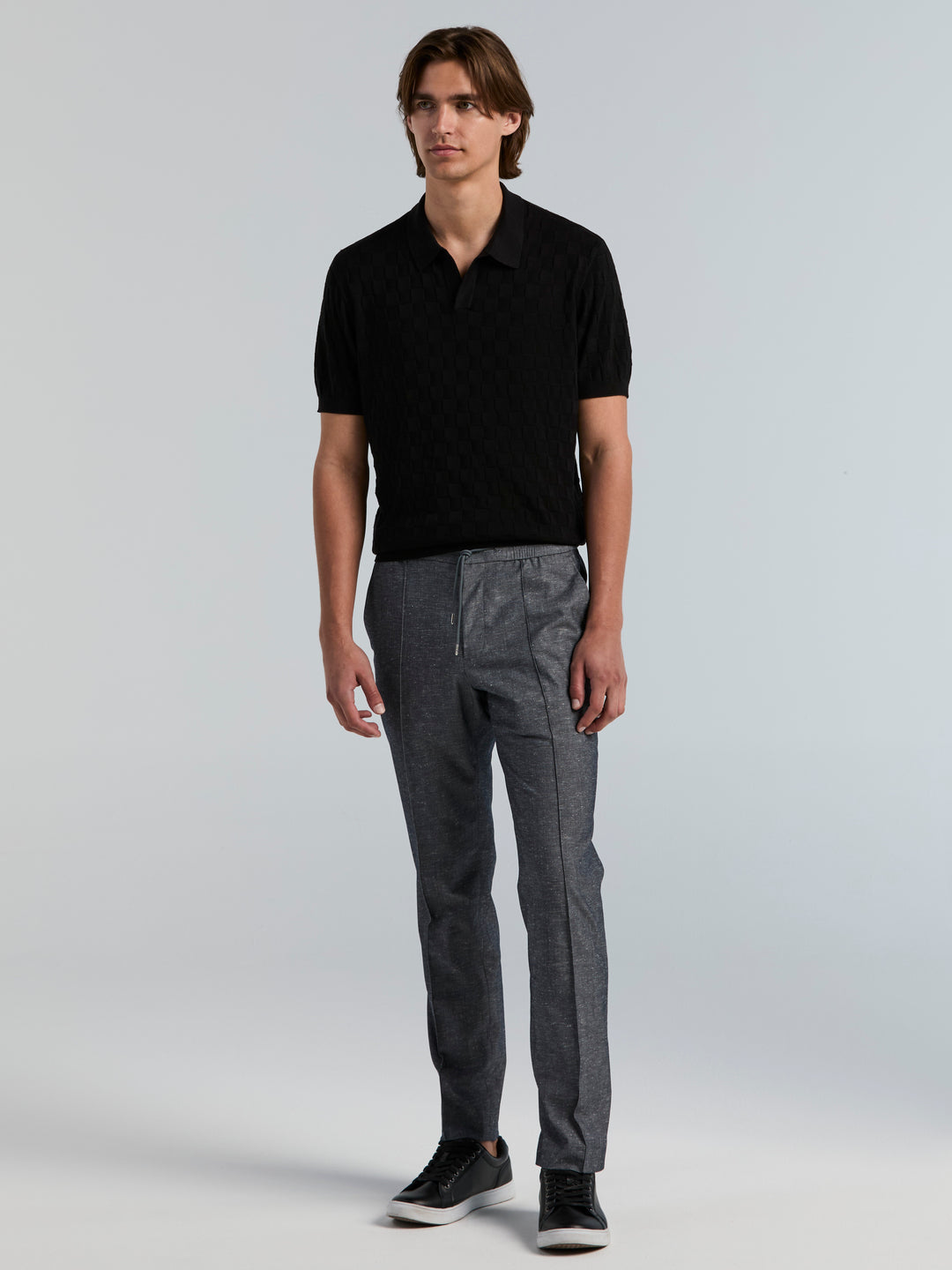 Checker Texture Open Polo Sweater (Black) 