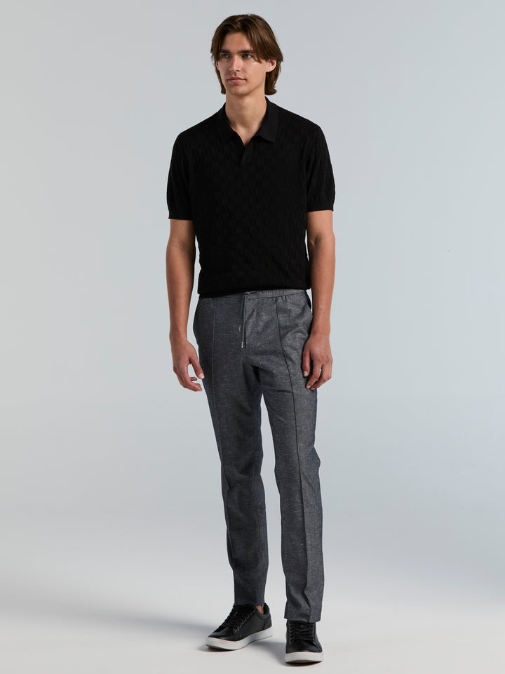Checker Texture Open Polo Sweater (Black) 