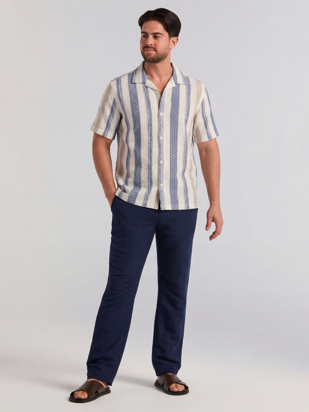 Linen Blend Striped Dobby Shirt (Egret) 