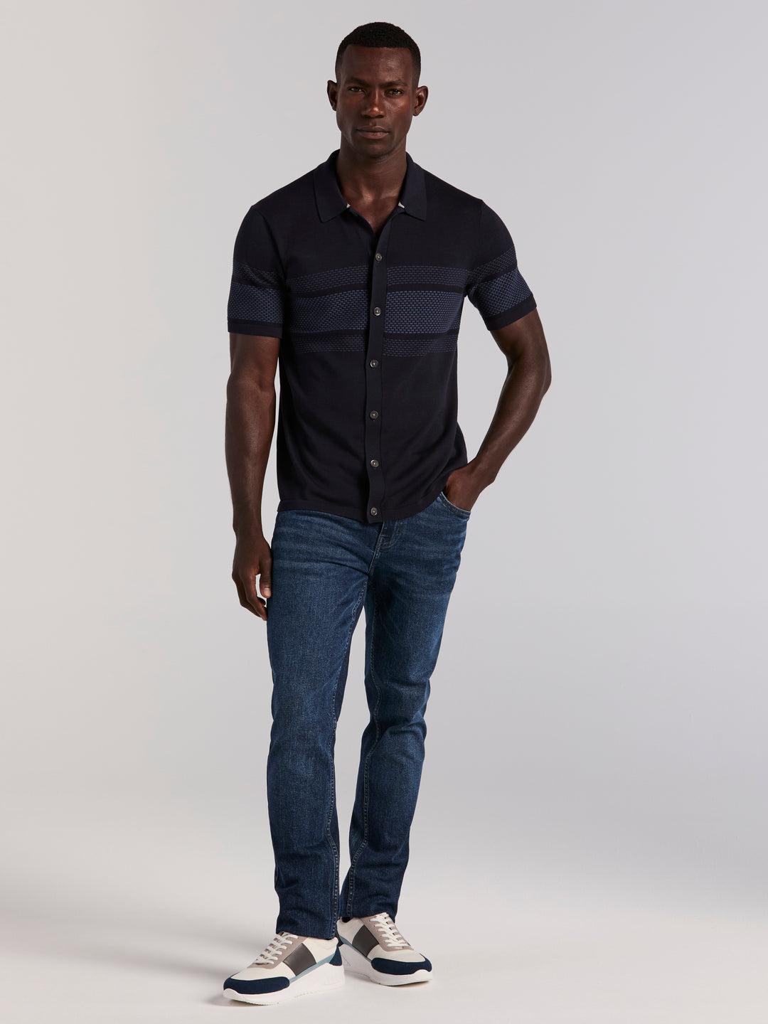 Cotton Modal Textured Button Front Sweater (Dark Sapphire) 