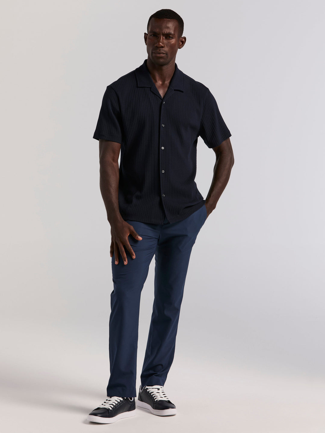 Cotton Vertical Stripe Jacquard Button Front Polo (Dark Sapphire) 