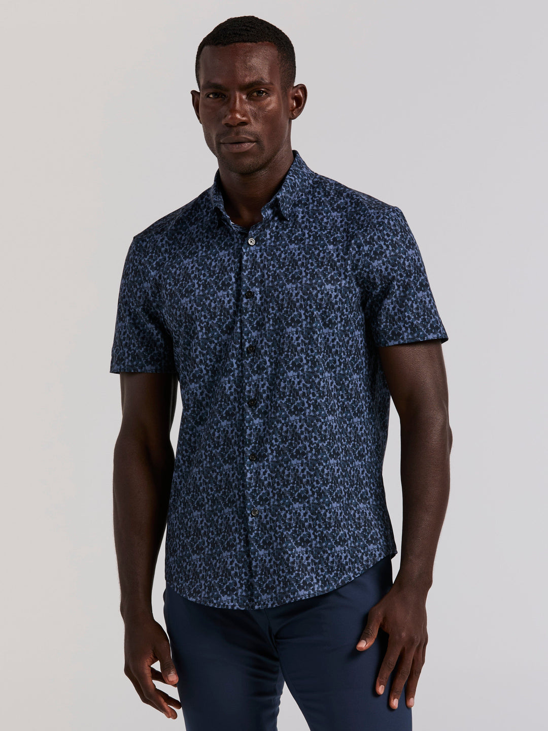 Slim Fit Short Sleeve Water Color Print Shirt (Dark Sapphire) 