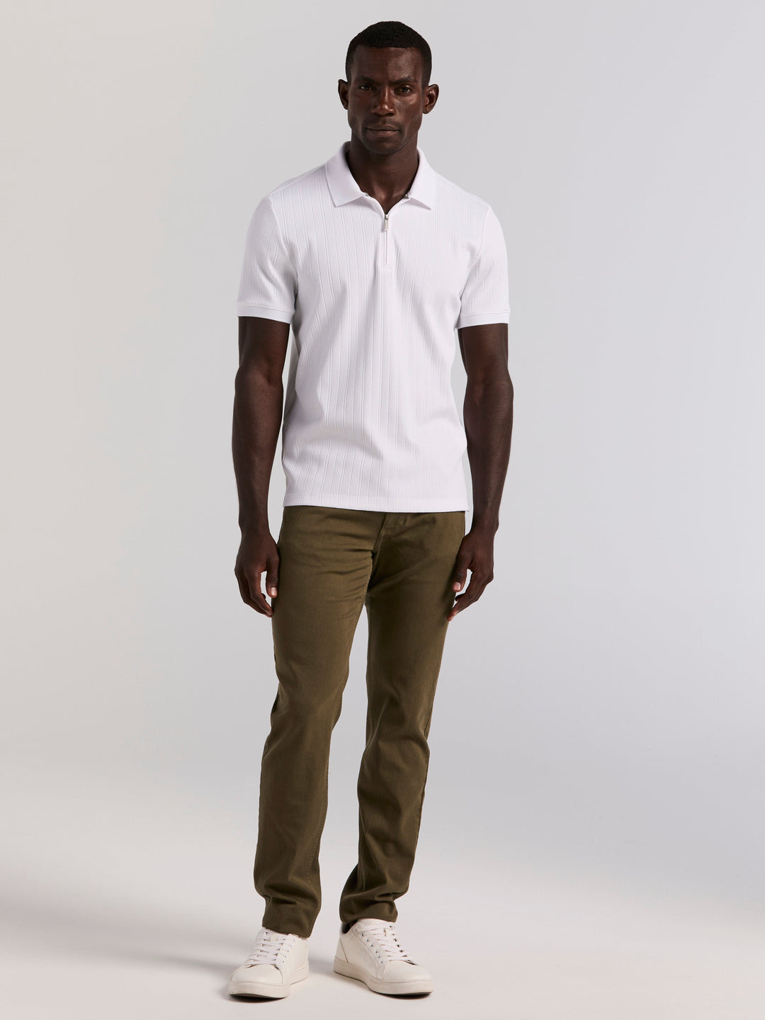 Vertical Rib Slim Fit Zip Polo Shirt (Bright White) 
