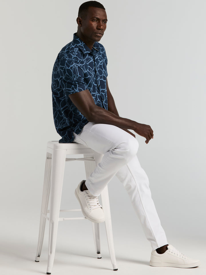 Men's Linen Floral Print Shirt (Dark Sapphire) 