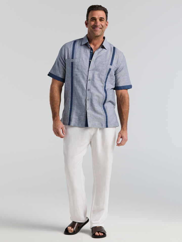 Big & Tall Linen Blend Guayabera Shirt (Ensign Blue) 