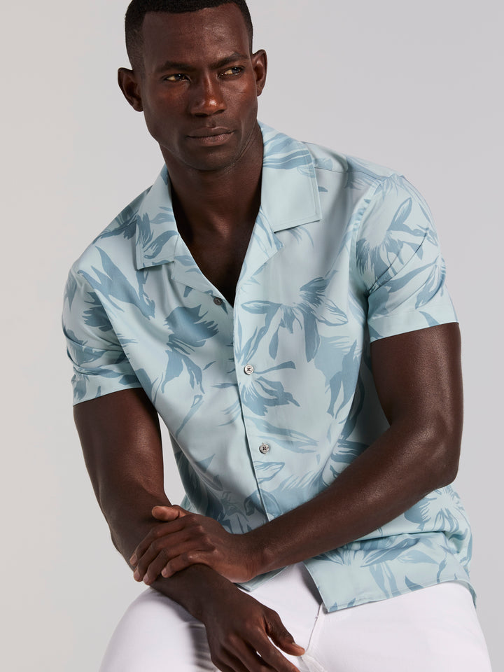 Camp Collar Floral Print Soft Touch Shirt (Cloud Blue) 