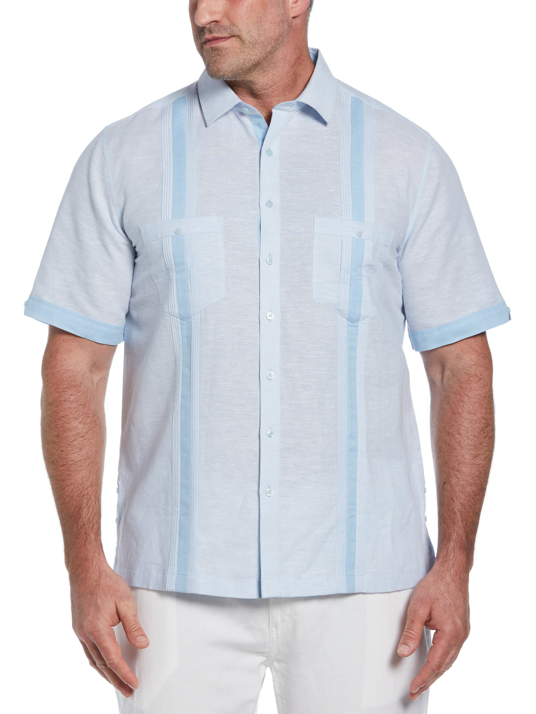 Big & Tall Linen Blend Cross Dye Guayabera Shirt (Cerulean) 