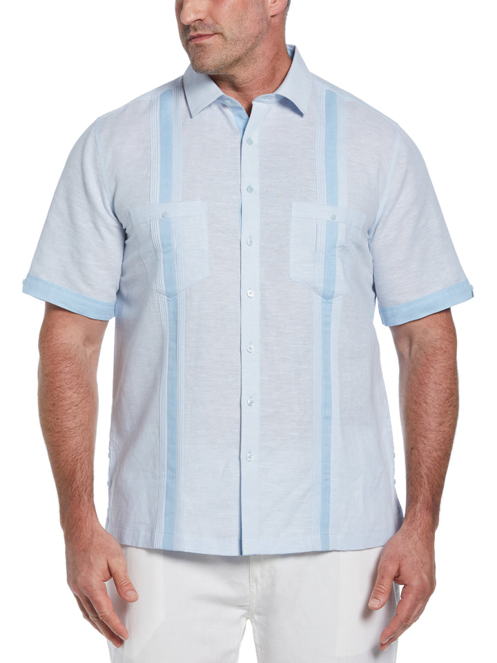 Big & Tall Linen Blend Cross Dye Guayabera Shirt (Cerulean) 