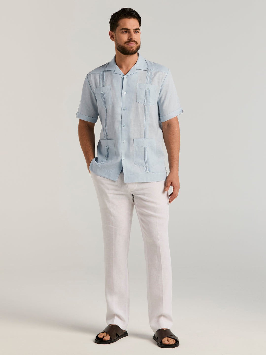 Linen Short Sleeve Guayabera Shirt (Cashmere Blue) 