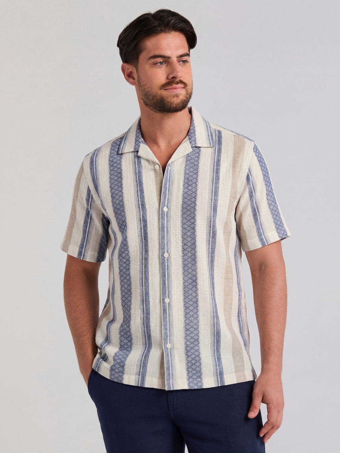 Linen Blend Striped Dobby Shirt (Egret) 