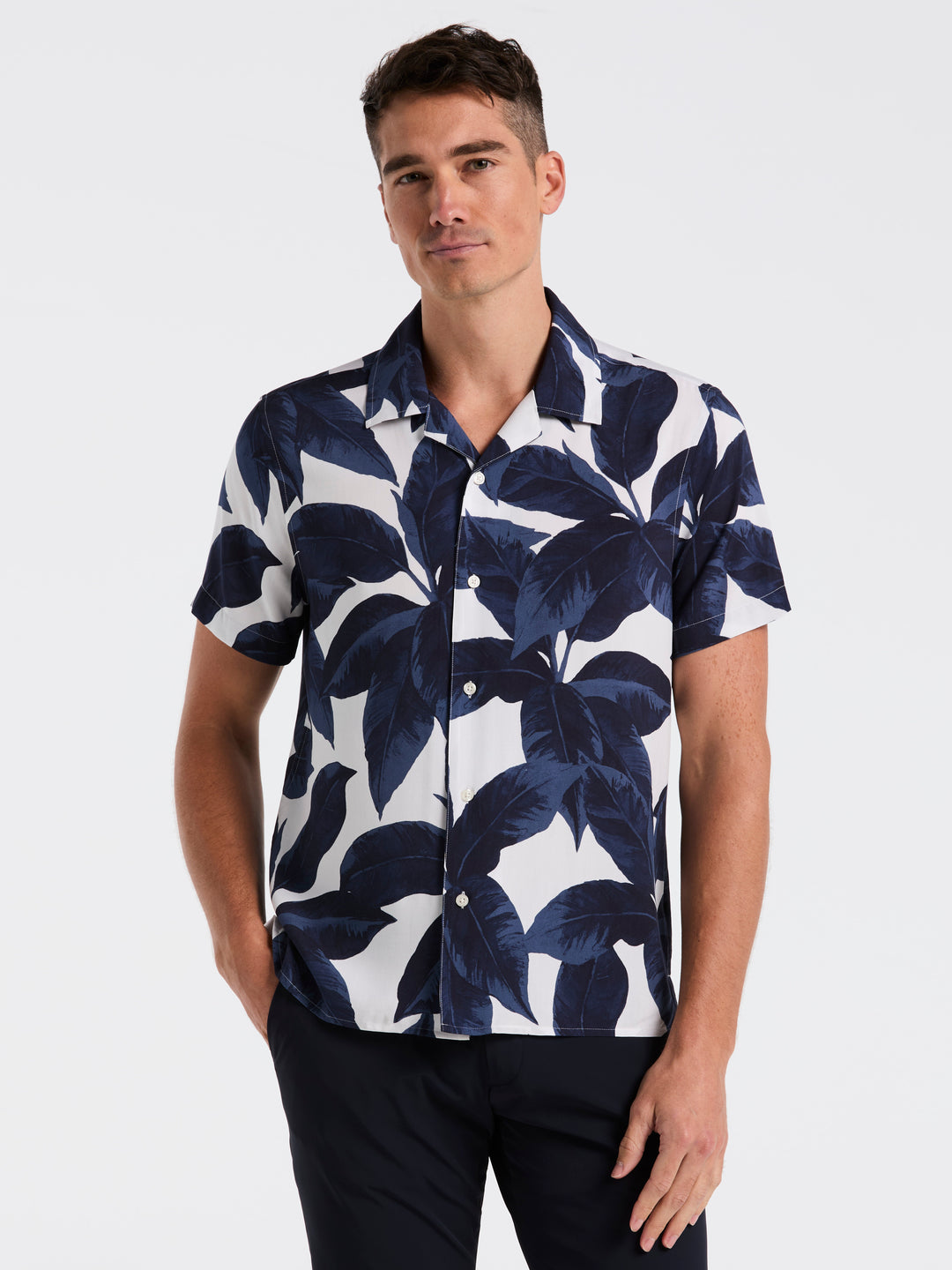 Tropical Plant Print Camp Collar Shirt (Dark Sapphire) 