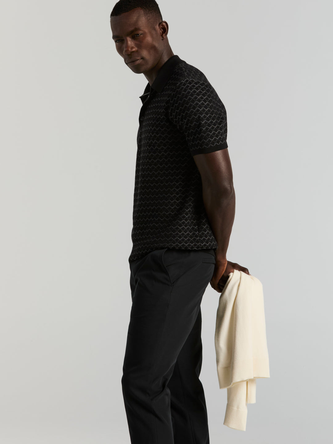 Cotton Jacquard Polo Sweater (Black) 