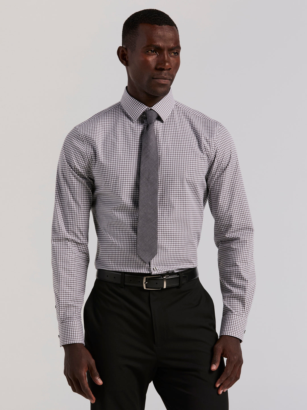 Cotton Slim Fit Gingham Long Sleeve Shirt (Brushed Nickel) 