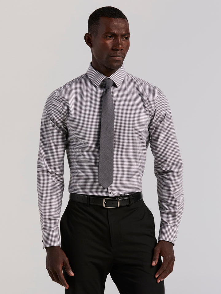 Cotton Slim Fit Gingham Long Sleeve Shirt (Brushed Nickel) 