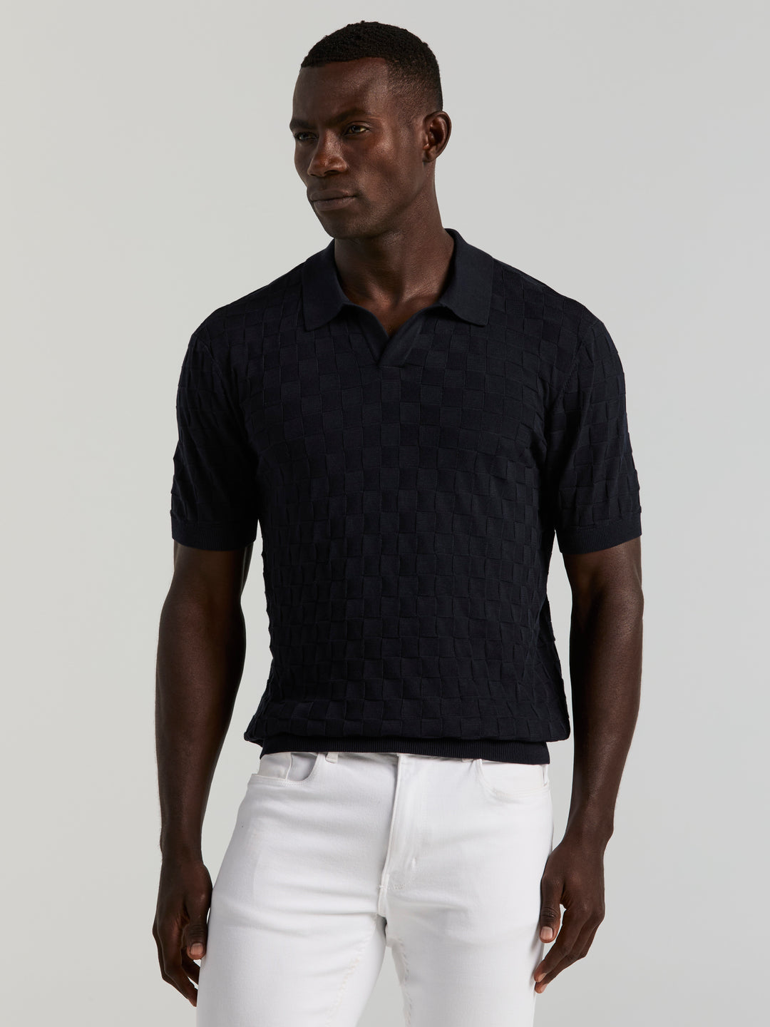 Checker Texture Open Polo Sweater (Dark Sapphire) 