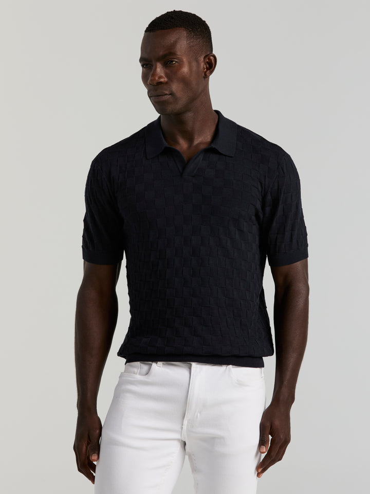 Checker Texture Open Polo Sweater (Dark Sapphire) 