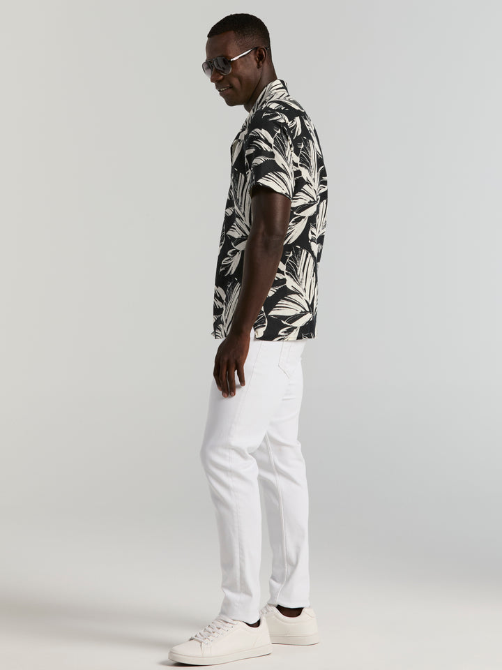 Leaf Print Camp Collar Shirt (Black) 