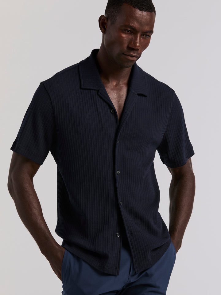 Cotton Vertical Stripe Jacquard Button Front Polo (Dark Sapphire) 