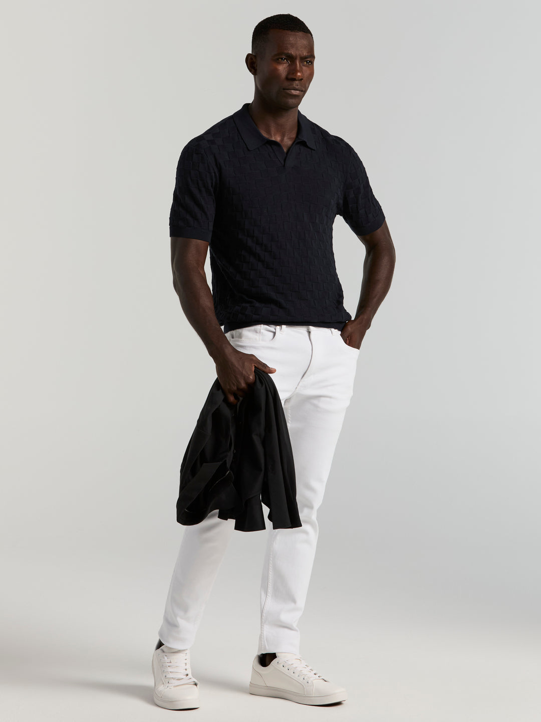 Checker Texture Open Polo Sweater (Dark Sapphire) 