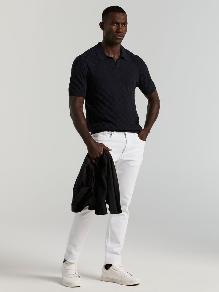 Checker Texture Open Polo Sweater (Dark Sapphire) 