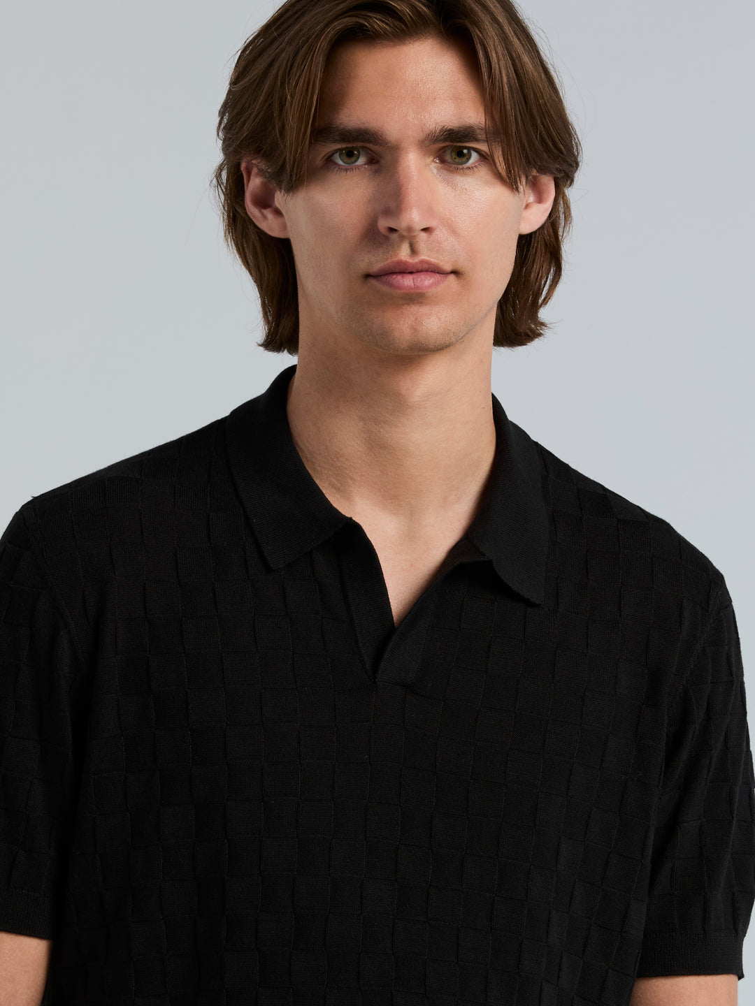 Checker Texture Open Polo Sweater (Black) 