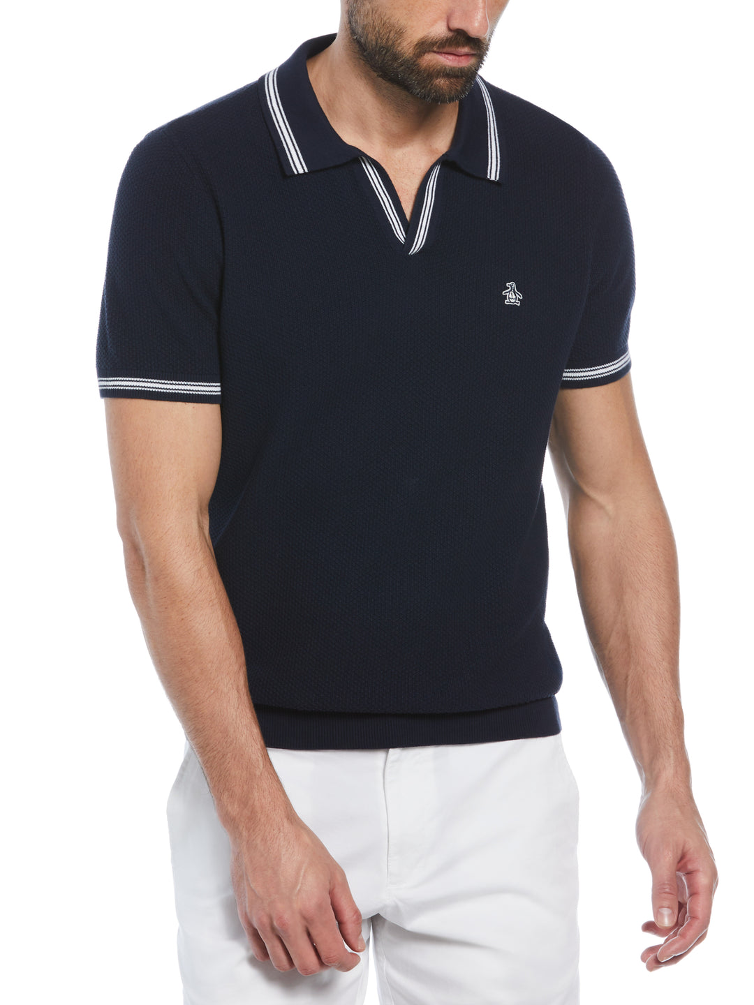 Textured Johnny Collar Sweater Polo (Dark Sapphire) 