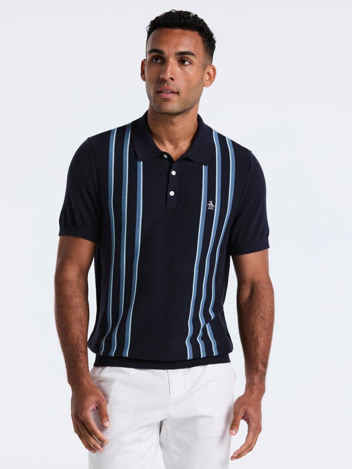 Cotton Vertical Stripe Sweater Polo (Dark Sapphire) 