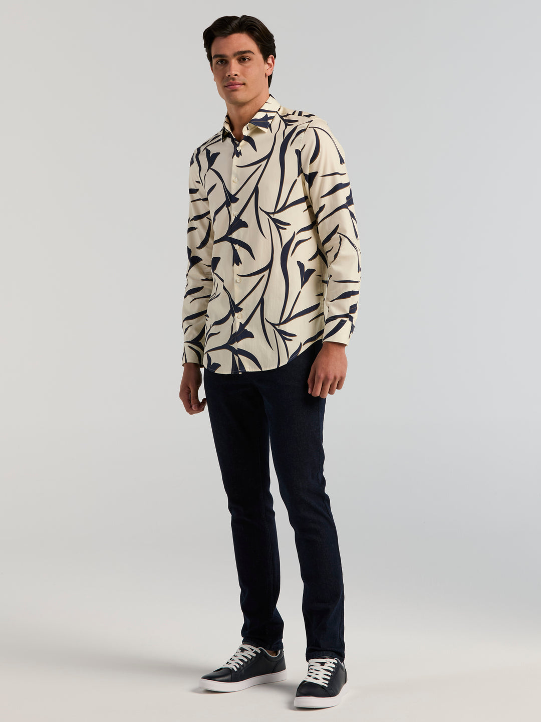 Abstract Floral Long Sleeve Herringbone Shirt (Turtledove) 