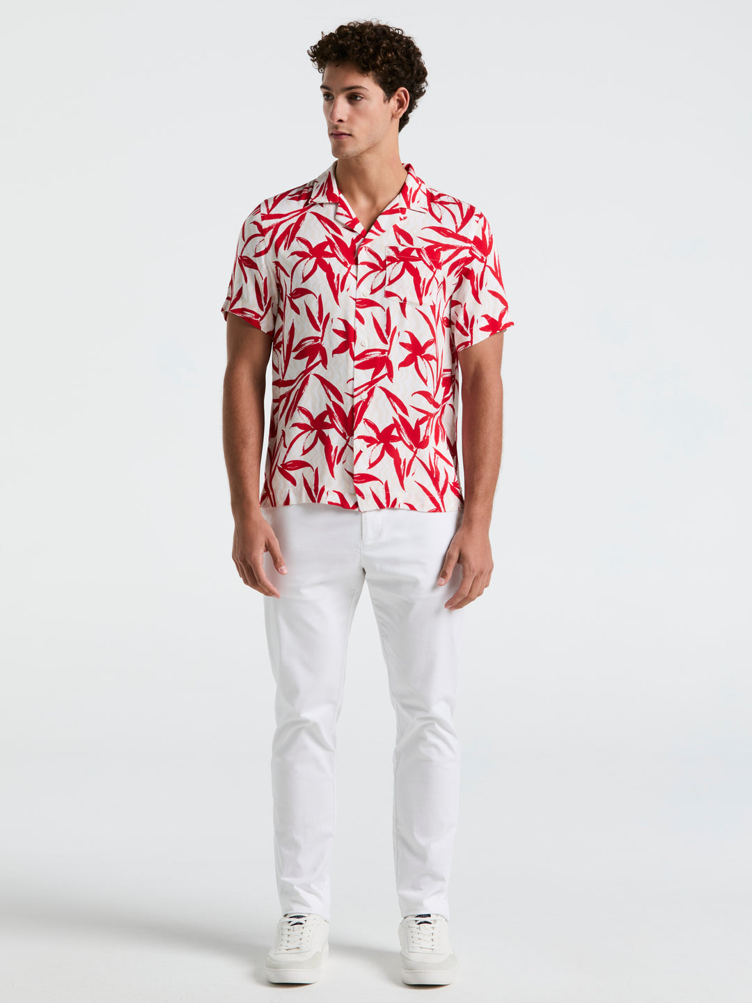 Wave Floral Print Camp Shirt (True Red) 