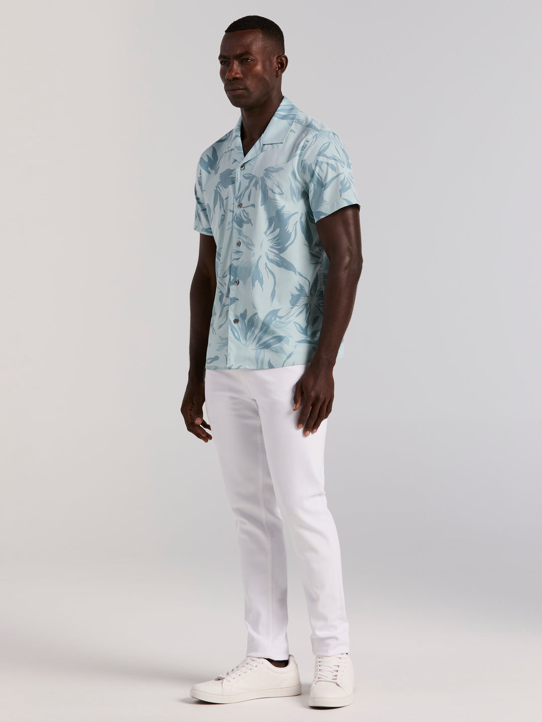 Camp Collar Floral Print Soft Touch Shirt (Cloud Blue) 