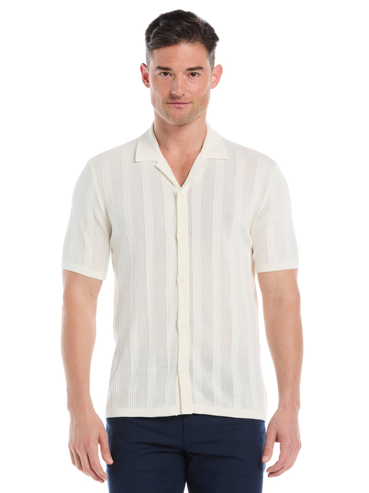 Mesh Stripe Short Sleeve Sweater (Egret) 
