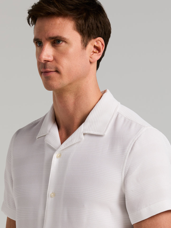 Men's Short Sleeve Dobby Stripe Camp Collar Shirt (Bright White) 