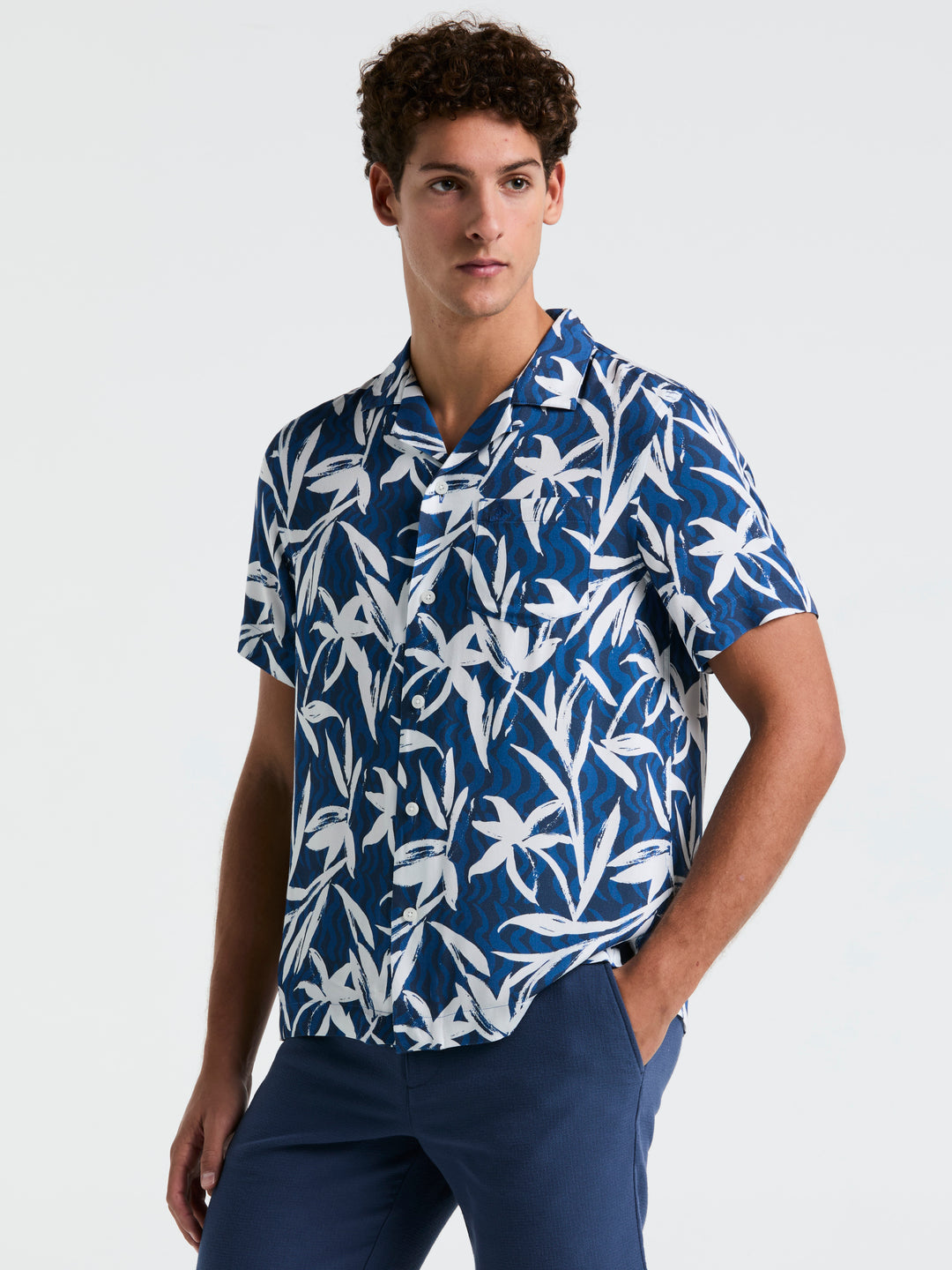 Wave Floral Print Camp Shirt (Blue Quartz) 