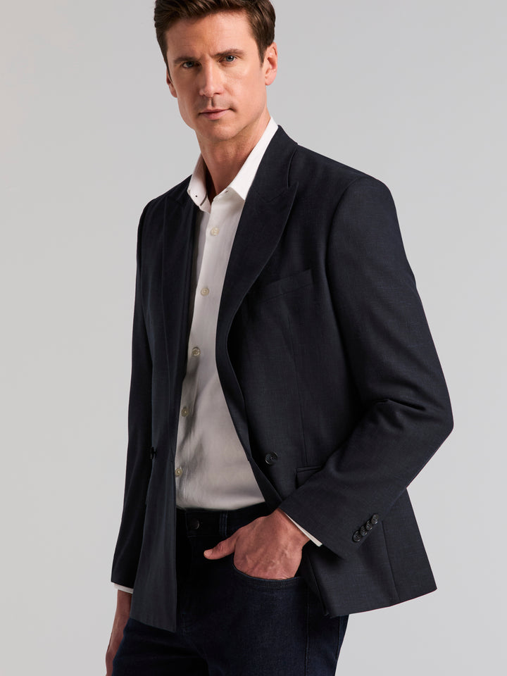 Stretch Double Breasted Suit Jacket (Dark Sapphire) 