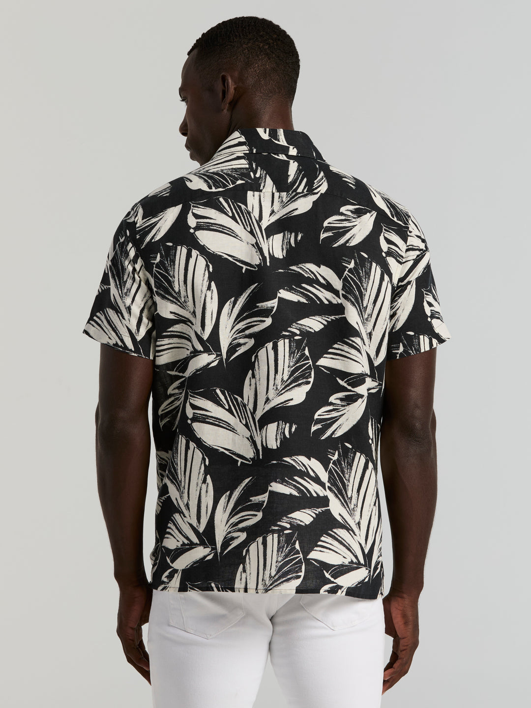 Leaf Print Camp Collar Shirt (Black) 