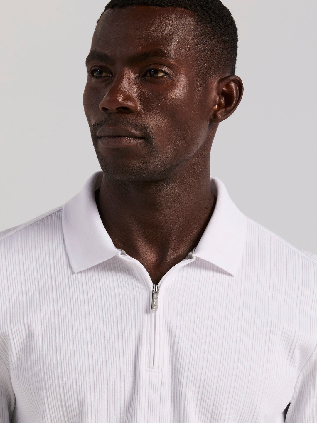 Vertical Rib Slim Fit Zip Polo Shirt (Bright White) 