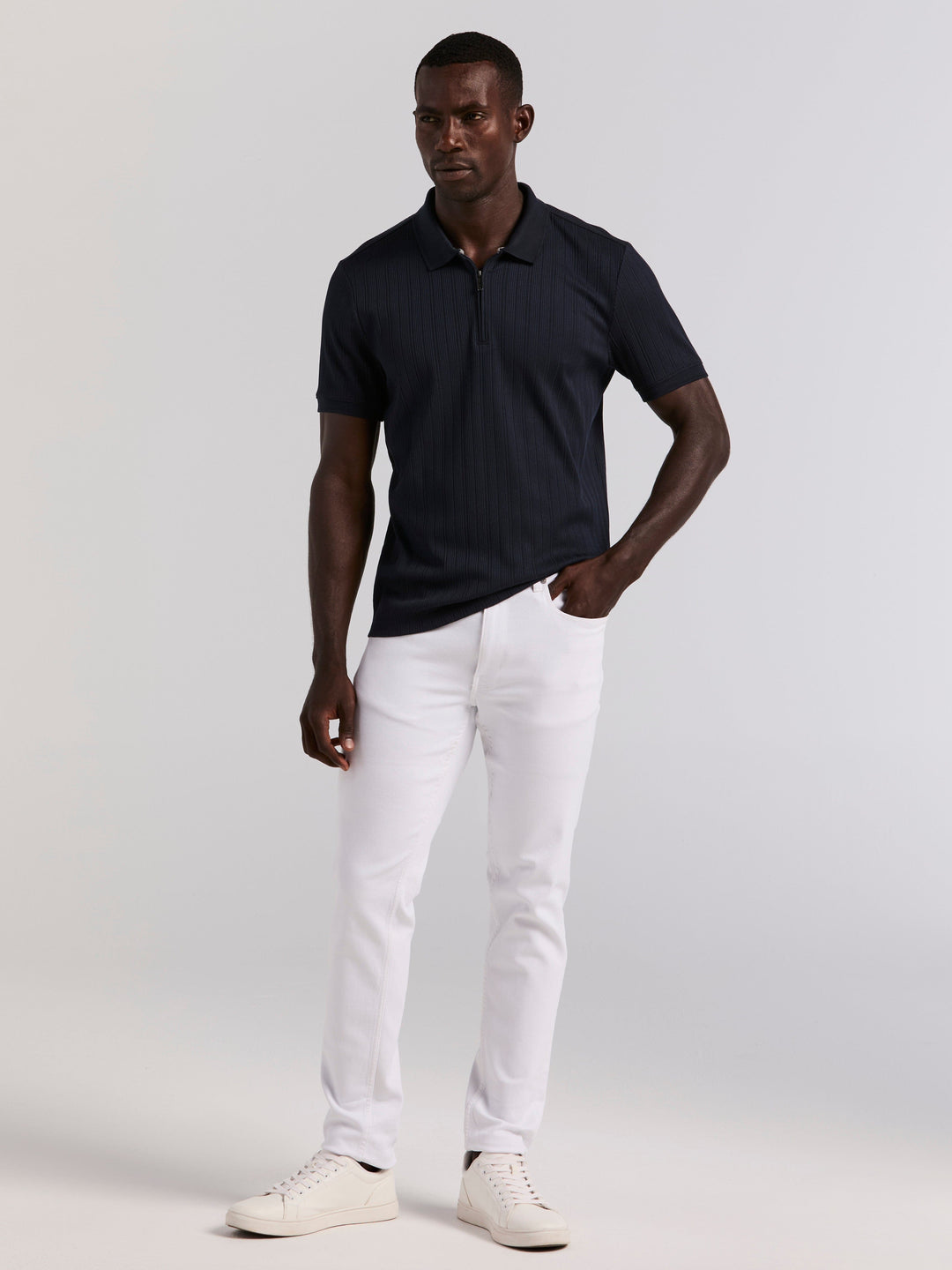 Vertical Rib Slim Fit Zip Polo Shirt (Dark Sapphire) 