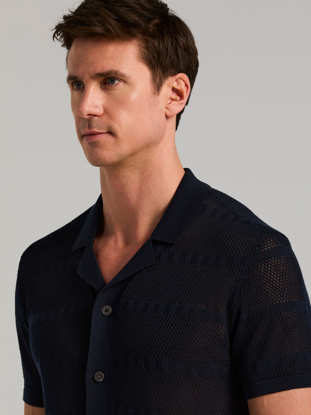 Cotton Mesh Stripe Button Front Sweater (Dark Sapphire) 