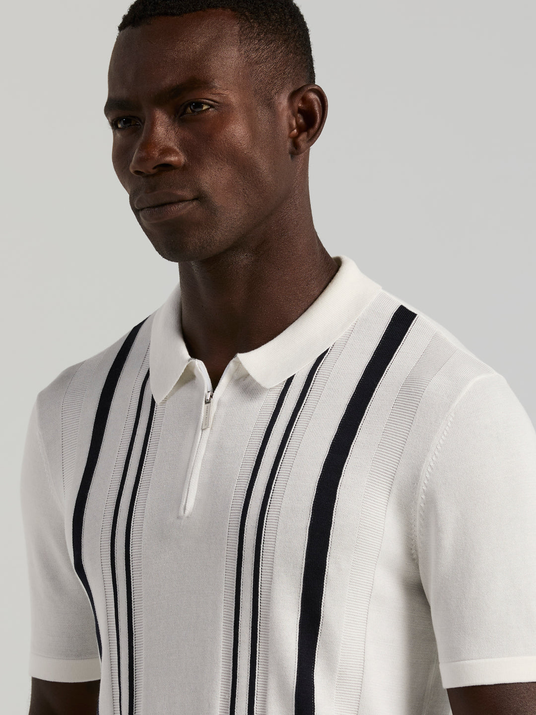 Cotton Modal Stripe Polo Sweater (Bright White) 