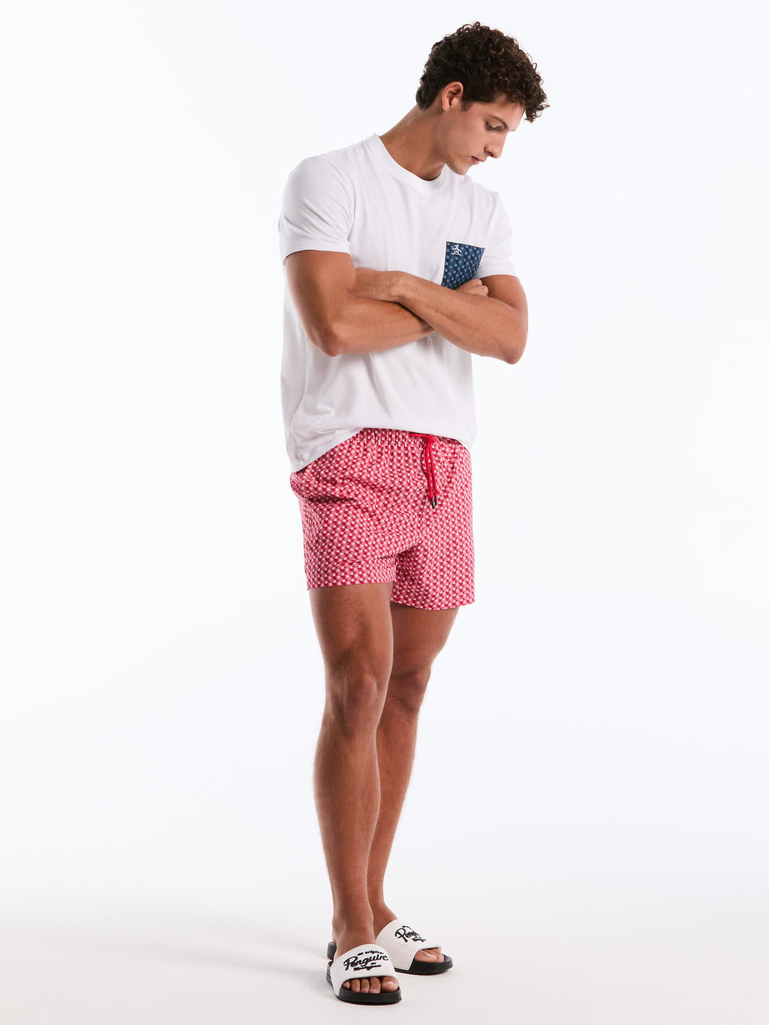 5 Inch Geometric Print Swim Shorts (Raspberry Wine) 