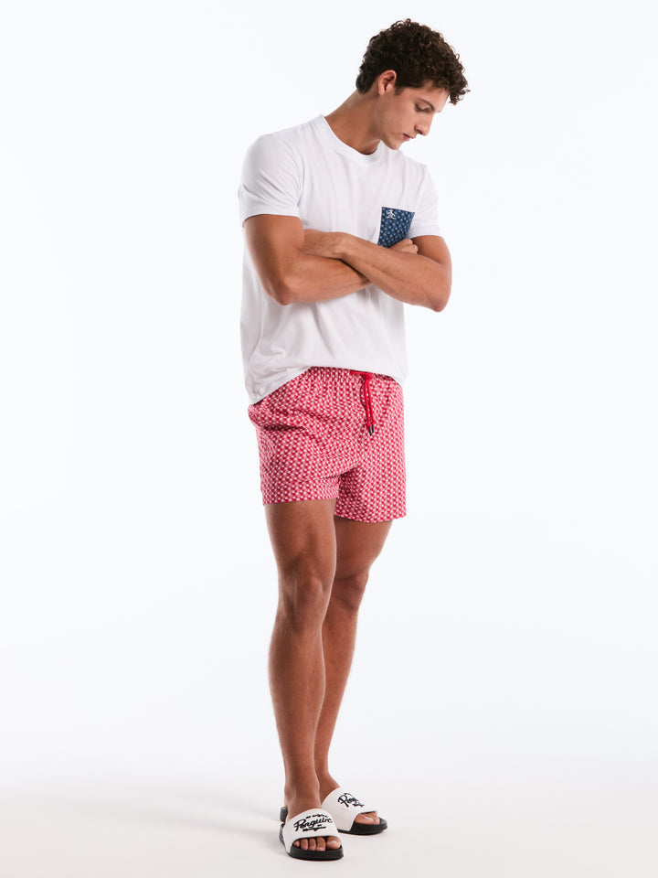 5 Inch Geometric Print Swim Shorts (Raspberry Wine) 