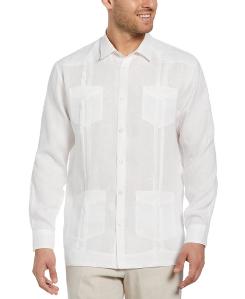 Big and Tall 100% Linen Long Sleeve 4 Pocket Guayabera (Bright White) 