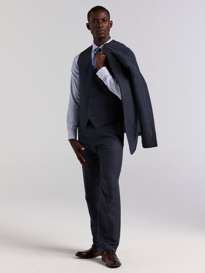 Slim Fit Linen Blend Herringbone Stretch Vest (Dark Sapphire) 